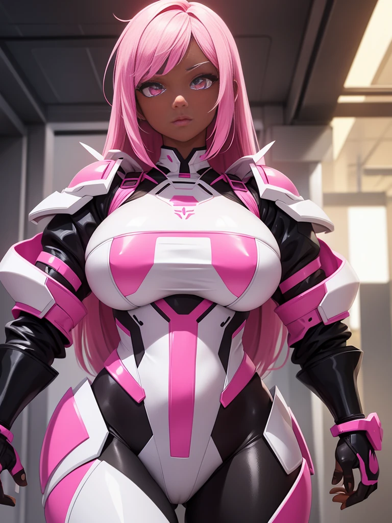 girl, With big breasts, with futuristic pink armor, pink eyes, for white, dark ebony skin