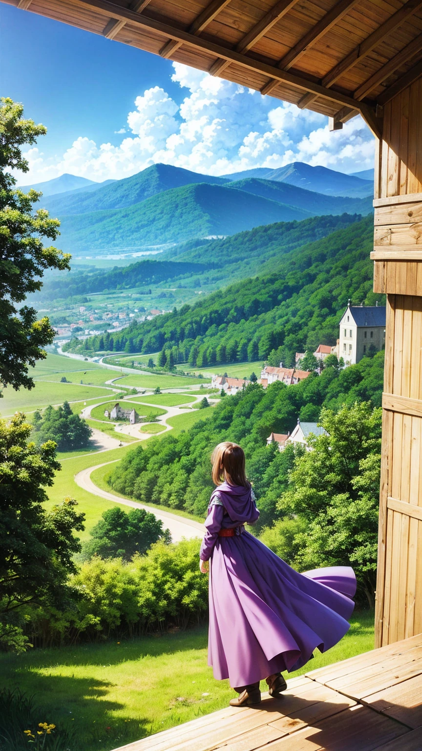 anime-style illustration, a young woman standing on the hilltop overlooks the vast expanse of clear blue sky, land and sky meeting at the horizon, lavender field, purple and blue color tones, underneath a large valley mountain with flower colorful color blue red green purple yellow, fantasy world medieval mega-building, rocks, tree branches, fallen leaves, birds, The scene is depicted in a highly saturated and vibrant style, intense and rich colors vivid, rendered with strong exaggerated colors, The sky above is clear blue sky, The atmosphere is full of magical color films, High Detail.