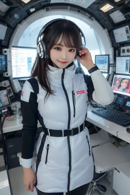 masterpiece, Highest quality, Very detailed, 8K Portrait,Japanese Android Girl,plump , Control panel,Robotic arms and legs, Blunt bangs,,break (Metallic Gray, Metallic luster, Mirror finish, Astro Best):5,headphone:5,break (Black sleeves):100,Smart Watches,Futuristic space station,Control Room,break headphone,blue eyes,(Black Hair):2,(Long Hair):1.3,Viewer Display,(respirator),break blush:3,Hidden Hand,smile