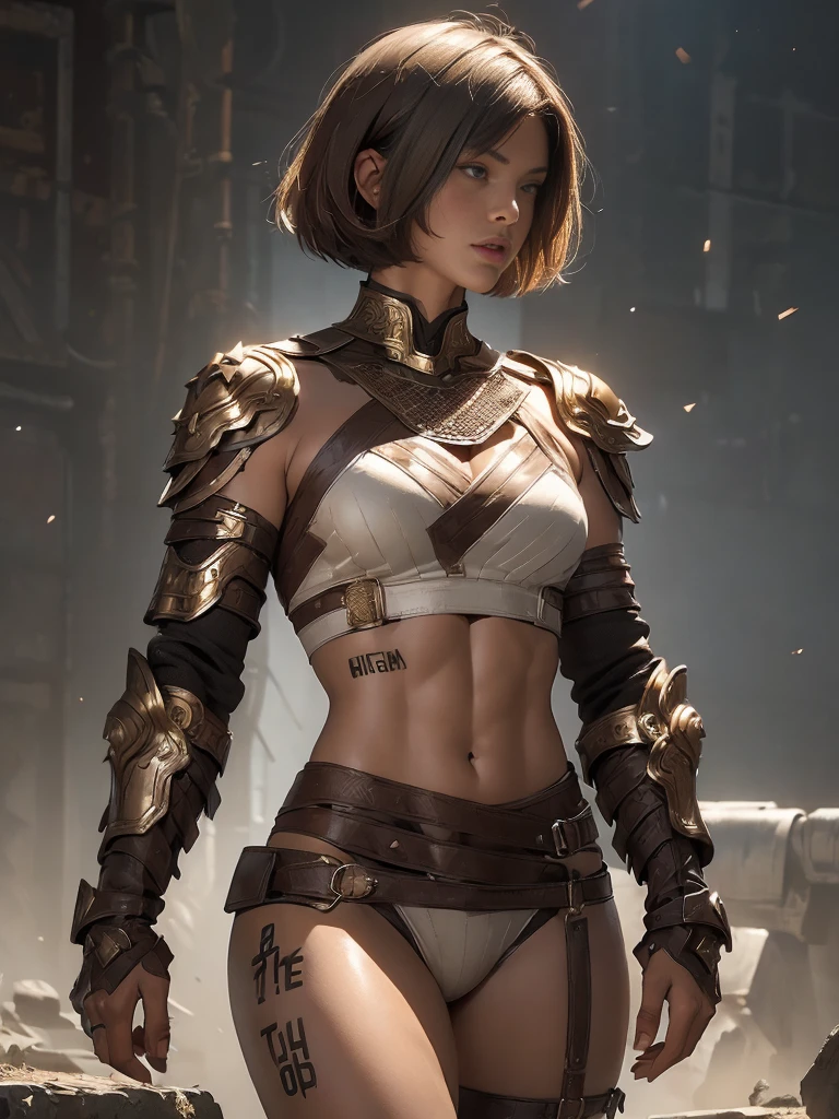(((of the highest quality: 1.4))),(unparalleled masterpiece ever), (Ultra high definition),(Ultra realistic 8K CG), (((adult body))), (((1girl in))), ((( Bob Shorthair ))), Gladiators with perfect bodies,,Beautiful and well-groomed face,muscular body:1.4,Detailed breastplate, gauntlets、is standing, (Image from head to thigh),(( Light Brown Bob Shorthair )),, Simon Bisley's urban savage style,Detailed ancient Roman background,Clean abs, Complex equipment, Dark brown with white stars and gray and white stripes,,,s Armor, Poison tattoo