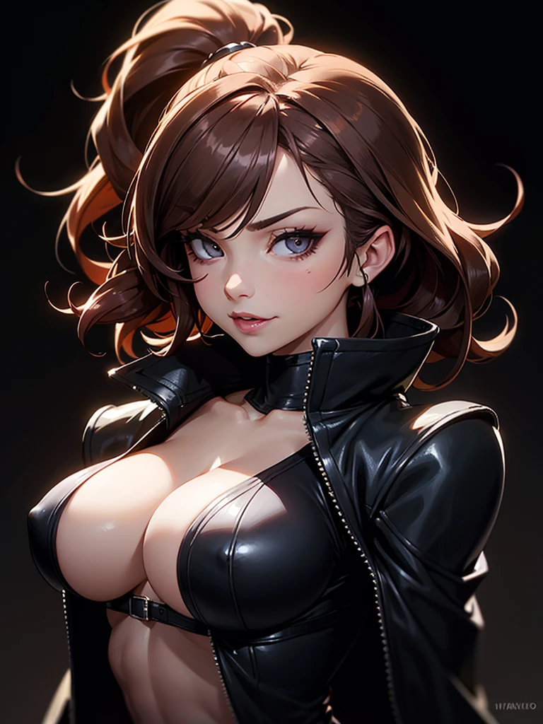 ((Portrait)), She has a Chubby, Dark Brown Haired Appearance, with a Muscular Build, and an Alluring Charm, Emphasizing Her Thick Breasts. She has Light Gray Eyes, Expresses a Wicked and Mischievous Look, Giving Off an Perverted Aura. Her Hair is Long and Curly, Tied in a High Ponytail, with Wavy Strands Falling Over Her Face. She Wears an Oversized, Tight Leather Trench Coat with Straps and an Open V-Neckline, Emphasizing Her Thick Breasts. ((Portrait, HDR, Dark Background))