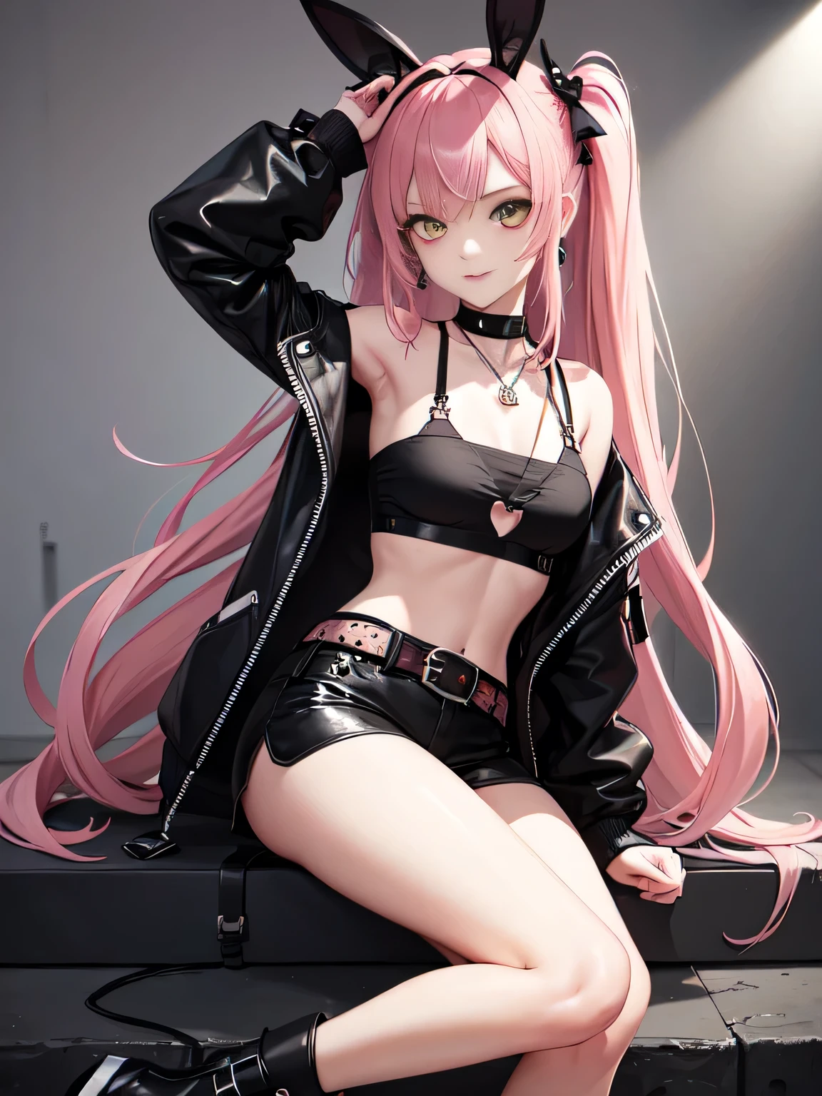 (all intricate details, Zenless Zone Zero style, 1 girl view, Nicole Demara): "Create a highly detailed character design featuring a young, vibrant girl with long, wavy pastel pink hair adorned with black bows on either side of her head. She has a playful smile and a wink in her left eye, with vibrant green eyes that shine with enthusiasm. She is wearing a short black jacket that reveals her shoulders, a white crop top with black graphic design, and black shorts with lace details and multiple belts and buckles. Her footwear consists of high black boots. Accessories include a heart-shaped pendant necklace, yellow earrings, and a small green backpack shaped like a bunny, decorated with a red cross on one eye and black and white details. In her right hand, she holds a large dark metallic box with symbols and letters. The character exudes confidence and a punk-rebellious style with kawaii touches, set in a futuristic or urban fantasy world."
