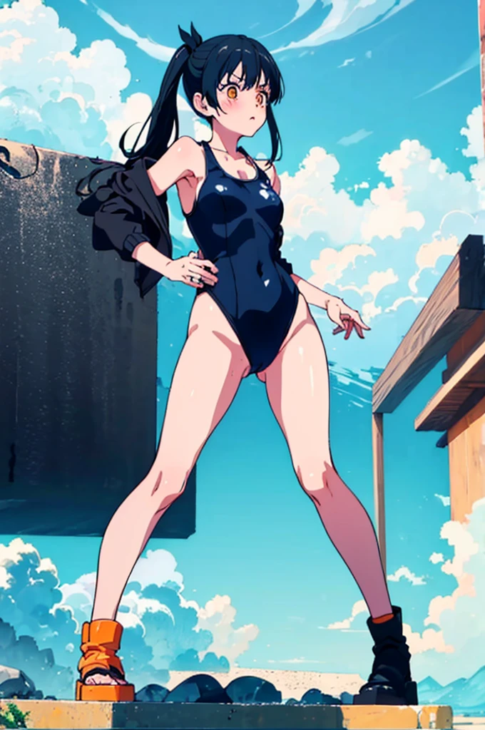 School Swimsuit,,Blushing、Black Hair、ponytail、Pale orange eyes、Head to toe full body、Blushing、Embarrassed look、Composition from the front、A view from slightly below、school swimwear、Acme Face、Random pose、, 、nsfw、Highest quality、1 girl、solo、Ocean、Sandy Beach、Sexy pose、Random pose、Blushing、Wet、Embarrassed、I can see half of my 、、One piece swimsuit、(Strap slip:1.3)、School Swimsuit
