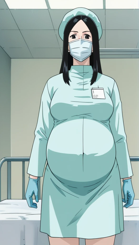 score_9,  score_8_up, score_7_up, source_anime, raw image, masterpiece, highest quality, kasuganoray, pale skin, her eyes are happy, long black hair, big breasts, scrubs, surgical mask, bouffant cap, long sleeve maternity dress, put on another long sleeved coat, seamless, navel head, the dress isn't wrinkled, long white stockings,
1girl, pregnant, solo, long rubber gloves, looking down, furrowed brow, hospital bed, light shines from the ceiling, standing, patient room background, She is inquiring about the patient's condition