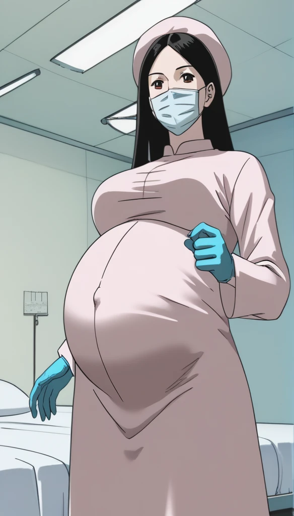 score_9, score_8_up, score_7_up, source_anime, raw image, masterpiece, highest quality, kasuganoray, pale skin, her eyes are happy, long black hair, big breasts, scrubs, surgical mask, bouffant cap, long sleeve maternity dress, put on another long sleeved coat, seamless, navel head, the dress isn't wrinkled, long white stockings,
1girl, pregnant, solo, long rubber gloves, looking down, furrowed brow, hospital bed, light shines from the ceiling, standing, patient room background, She is inquiring about the patient's condition