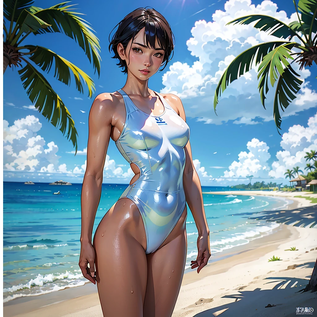 ((highest quality, masterpiece, High resolution)), ((reality)),Photos of beautiful Japanese women,((anime art))、 (((1 girl))), normal size breasts, slim body shape,  medium short hair, double eyelid, Wet see-through one-piece swimsuit,,  A pareo with bold ethnic patterns and plenty of primary colors、realistic skin、Wet,whole body,cinematic light、tropical、Against the background of palm trees on both sides、on a sunny beach、With the sea in the background、blur background、Clean abs,