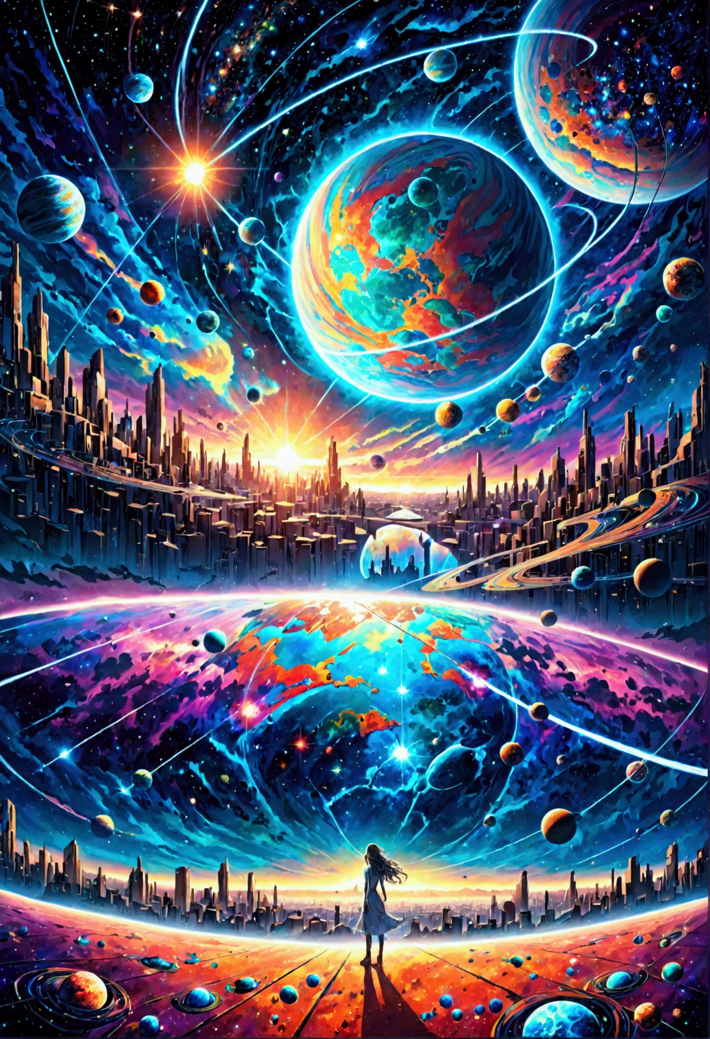 A woman standing before a painting of a planet, futuristic city in the background, psychedelic trance artwork, interconnected human lifeforms, panoramic view of a young girl, progressive rock album cover, endless dream, stardust, galaxy, stoner rock --ar 16:9 -- 5k