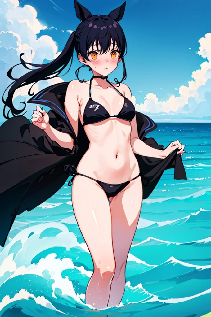 ランダムなSwimwear,,Blushing、Black Hair、ponytail、Pale orange eyes、Head to toe full body、Blushing、Embarrassed look、Composition from the front、A view from slightly below、school swimwear、Acme Face、Random pose、, 、nsfw、Highest quality、1 girl、solo、Ocean、Sandy Beach、Sexy pose、Random pose、Blushing、Wet、Embarrassed、I can see half of my 、、ワンピースSwimwear、(Strap slip:1.3)、Swimwear