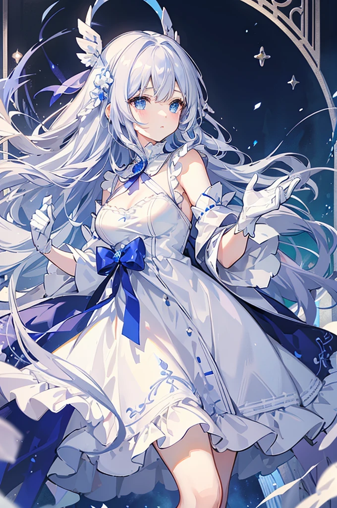 A woman with white hair and blue eyes、adult、Long, fluffy wavy hair、Braiding、Wearing hair ornaments、Princess、White gloves、blue and white lace dress、Light blue or purple、Blue and white ribbon、The dress is short in the front and long in the back、Garter Ring、Fantasy