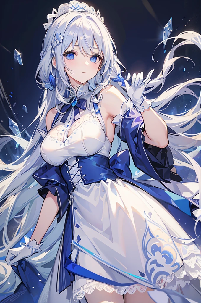 A woman with white hair and blue eyes、adult、Long, fluffy wavy hair、Braiding、Wearing hair ornaments、Princess、White gloves、blue and white lace dress、Light blue or purple、Blue and white ribbon、The dress is short in the front and long in the back、Garter Ring、Fantasy