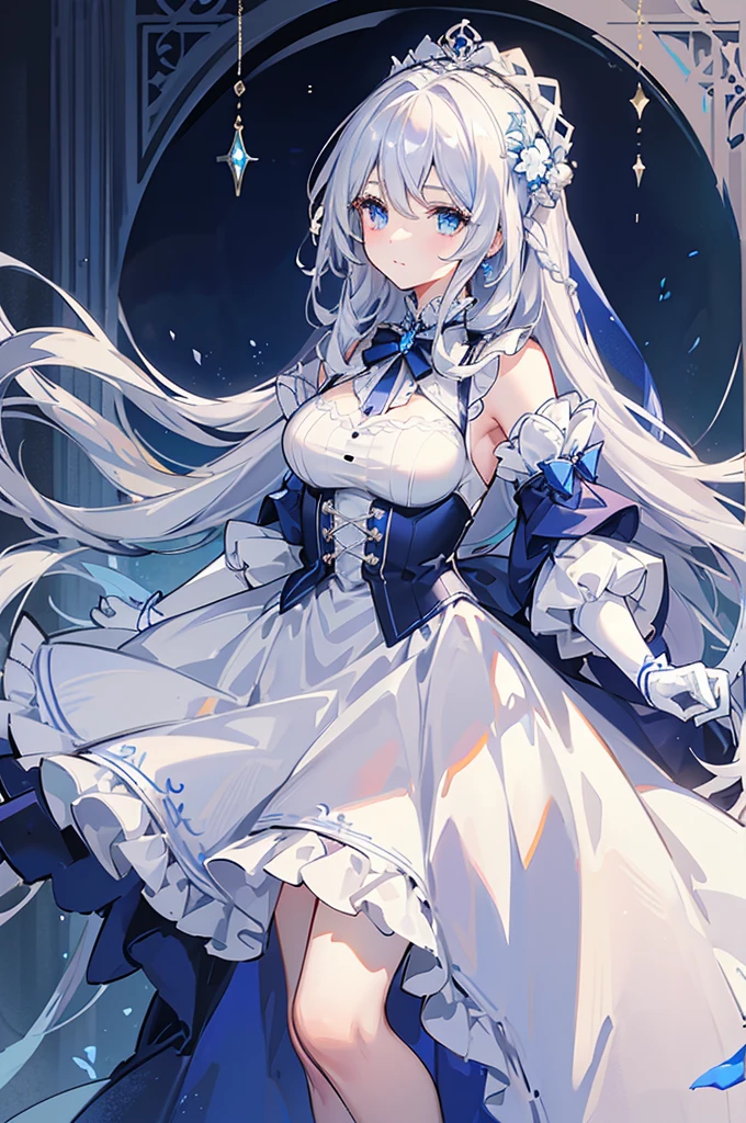 A woman with white hair and blue eyes、adult、Long, fluffy wavy hair、Braiding、Wearing hair ornaments、Princess、White gloves、blue and white lace dress、Light blue or purple、Blue and white ribbon、The dress is short in the front and long in the back、Garter Ring、Fantasy