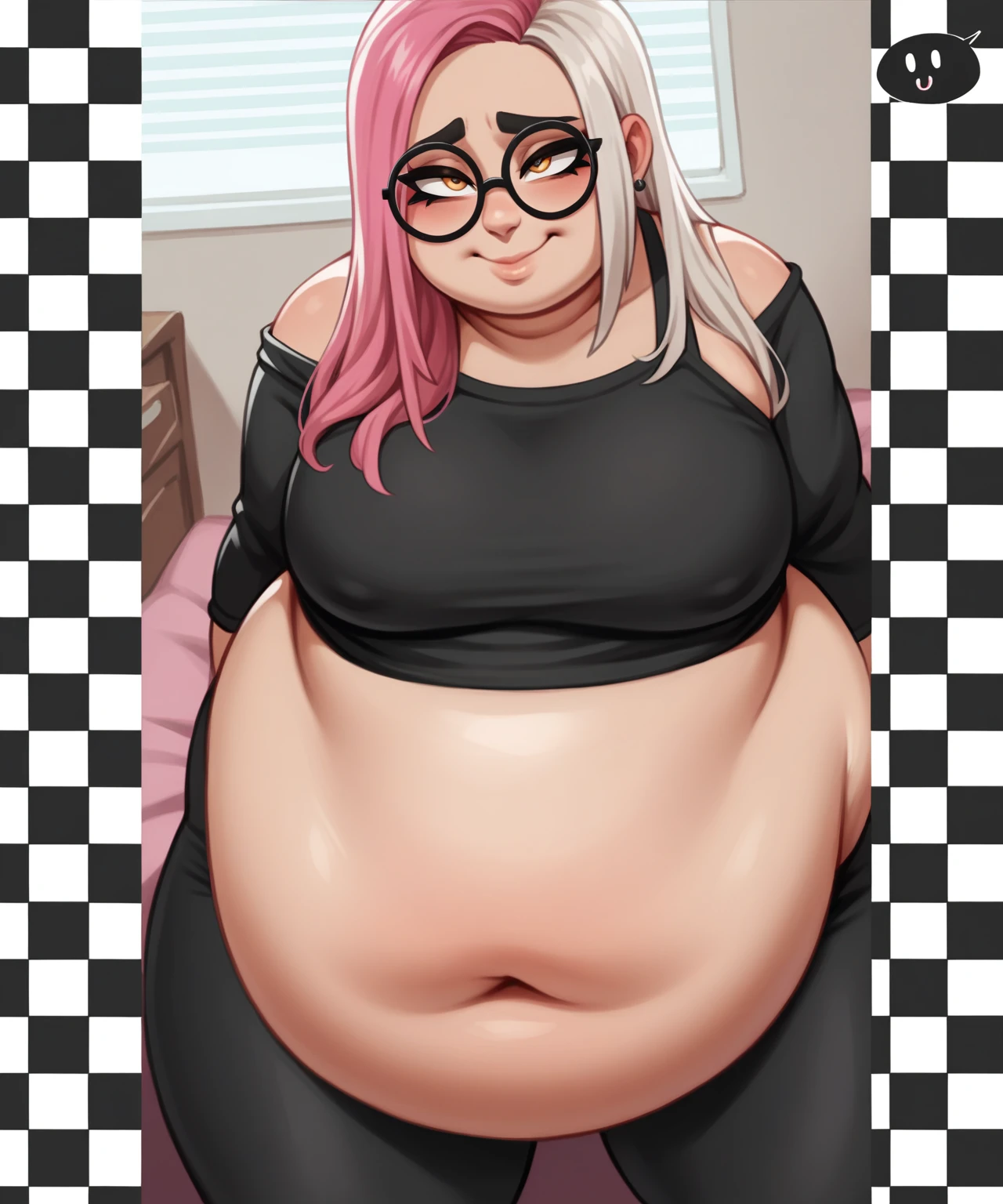 Sunkissed skin all over, Thicc, extremely morbidly obese, pink and white hair, ((wearing)), black 50s glasses, white tanktop, black leggings, voluptuous, feminine boy, femboy, perfect hands, perfect face, smile, (anatomically correct), (Perfect/ realistic proportions:1.2), (overwhelmingly fat arms, obese face), arm up, ((extremely widest hips possible!)), ((extremely massive thick thighs, morbidly large belly), belly overhang!)), (1080P, 4k UHD, Masterpiece:2.1!) ((single)), background: tilted towers_fortnite