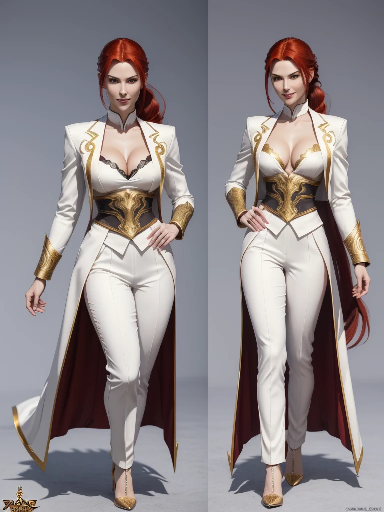 ((best quality)), ((4k)), ((highres)), ((masterpiece:1.2)). ((detailed)), ((ultra realistic)), ((intricate details)), ((full body picture)), ((character design sheet)), ((blank background)), ((standing in a blank background)), solo character, a full body shot of a sexy pale female, inhuman pale skin, pasty white skin, ((vampire pale skin))), ((ghostly pale skin like kratos from god of war)), redhead, ((vivid red hair)), SLEEK braided low ponytail, ((SLEEK braided low ponytail)), thin braid, slicked back hair, sexy and dangerous, evil smile on her face, ((evil smile)), about 30 years old, about 6'0 ft tall, athletic frame, character concept art, female executive, white blazer suit, white dress pants, work pants, white outfit with black details and gold adornments, ((predominantly white outfit)), ((showing cleavage)), gold office heels, ((GOLD HEELS)), fighting game character concept art, tekken character design, the king of fighters character concept
