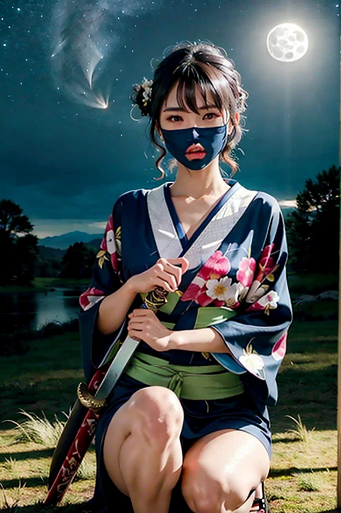 (Realistic:1.3), In detail, quality, Rembrandt Lighting, (masterpiece:1.2), (photoRealistic:1.2), (best quality), (Detailed skin:1.3), (Intricate details), dramatic, Ray Tracing, One girl, Japanese Girls, 21 years old, Detailed skin texture, (blush:0.5), (It gives me goosebumps:0.5), Scattered beneath the surface, stare, anger, Serious expression, Medium chest, Updo, bangs, Hair between the eyes, kimono, kimono, Floral print, One knee, (Sword Drawing Technique:1.1), (night, night sky, Wide々Grassland, full moon),