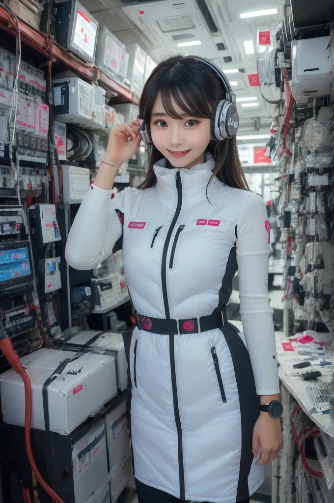 masterpiece, Highest quality, Very detailed, 8K Portrait,Japanese Android Girl,plump , Control panel,Robotic arms and legs, Blunt bangs,,break (Metallic Gray, Metallic luster, Mirror finish, Astro Best):5,headphone:5,break (Black sleeves):100,Smart Watches,Futuristic space station,Control Room,break headphone,blue eyes,(Black Hair):2,(Long Hair):1.3,Viewer Display,(respirator),break blush:3,Hidden Hand,smile