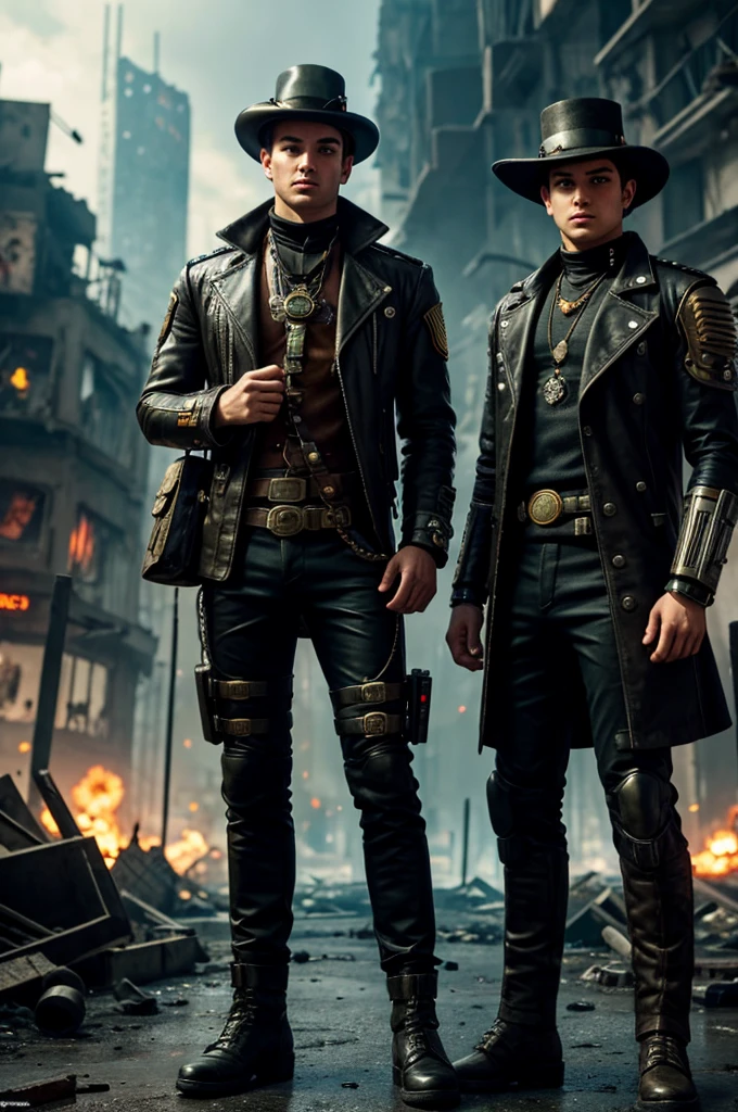 Best Quality, high resolution, 2 boys with an army of androids, one with a steampunk style hat and the other with a bosal, a background of destroyed city with toxic environment, cyberpunk world.