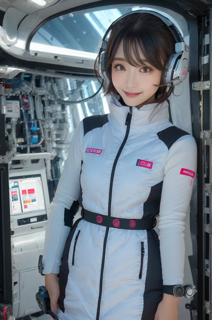 masterpiece, Highest quality, Very detailed, 8K Portrait,Japanese Android Girl,plump , Control panel,Robotic arms and legs, Blunt bangs,,break (Metallic Gray, Metallic luster, Mirror finish, Astro Best):5,headphone:5,break (Black sleeves):100,Smart Watches,Futuristic space station,Control Room,break headphone,blue eyes,(Black Hair):2,(Long Hair):1.3,Viewer Display,(respirator),break blush:3,Hidden Hand,smile