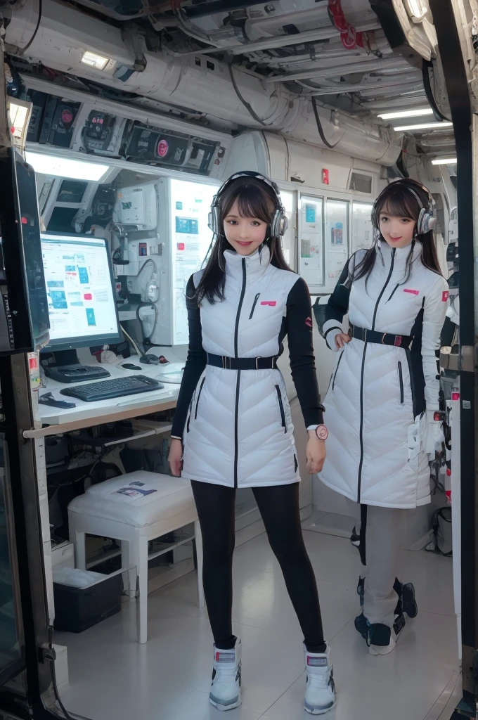 masterpiece, Highest quality, Very detailed, 8K Portrait,Japanese Android Girl,plump , Control panel,Robotic arms and legs, Blunt bangs,,break (Metallic Gray, Metallic luster, Mirror finish, Astro Best):5,headphone:5,break (Black sleeves):100,Smart Watches,Futuristic space station,Control Room,break headphone,blue eyes,(Black Hair):2,(Long Hair):1.3,Viewer Display,(respirator),break blush:3,Hidden Hand,smile