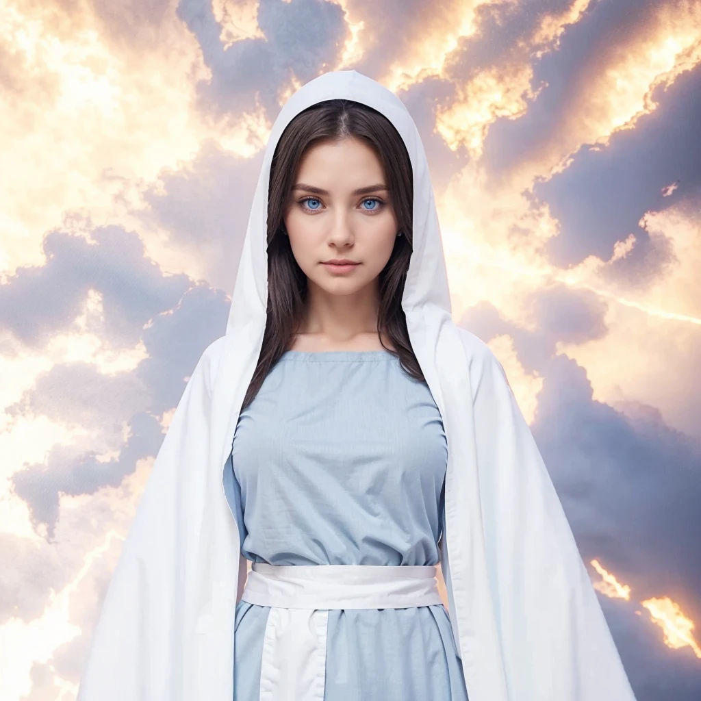 Beautiful woman with light blue eyes, wearing a gray tunic with wide, long sleeves, adjusted at the waist by a white sash