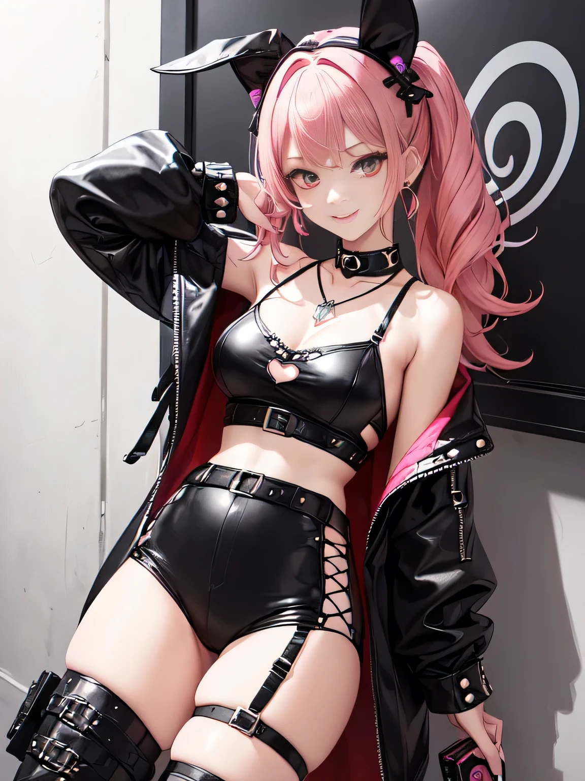 (all intricate details, Zenless Zone Zero style, 1 girl view, Nicole starts): "(Hair: Hair largo y ondulado de color rosa pastel que cae en suaves ondas hasta la cintura. Her hairstyle is adorned with a pair of black bows, one on each side of your head, which gives it a youthful and energetic touch.
face: His expression is lively and playful, with a flirtatious smile and a wink in his left eye, which denotes a happy and mischievous personality. His eyes are a vibrant green, contrasting with her pink hair, and they have a shine that reflects your enthusiasm. Clothing: He wears a short black jacket that exposes his shoulders., over a white cropped t-shirt with a black graphic design. Her outfit is complemented with various metallic details and fashion accessories., like buckles and straps. The short t-shirt highlights your athletic and well-defined figure.
accessories: She wears a necklace with a heart-shaped pendant and yellow earrings that add a touch of color. Besides, He has a small green backpack in the shape of a rabbit., decorated with a peculiar design that includes a red cross in one of the eyes and black and white details. This unique and eye-catching accessory reinforces your distinctive appearance.
Footwear and Underwear: Her outfit includes black shorts with lace details and several straps and buckles that give her a somewhat punk and rebellious style.. She wears tall black boots that complement her bold look..
equipment: in his right hand, holds a large dark metal box, decorated with various symbols and letters, suggesting it may contain important equipment or tools.)"
