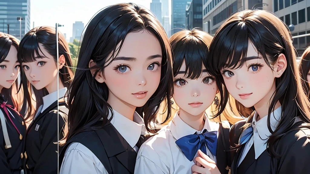 Highest quality、High resolution、Detailed Background、(Beautiful face in every detail:1.5)、Anatomically correct、Teenage beauty、(Highly detailed face)、Light color hair、cute髪型、well-groomed eyebrows、A big smile、smile、Urban Scene、Skyscrapers、Bustling streetscape、(Five girls in JK uniforms:1.5)、
Place the main motif in the center and leave space on both sides、Adding color contrast、Bright center and softer sides、Be aware of the movement of the lines、A composition with depth、Leave some space above your head、cute