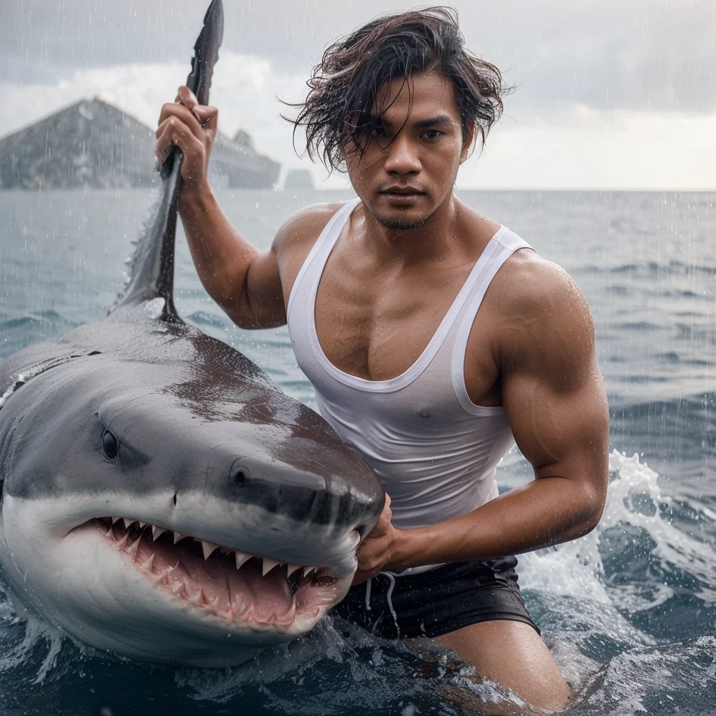 A handsome 30-year-old Indonesian man with layered hair, wearing a white singlet and black shorts, is playing with a large shark in the middle of the sea. The background is rainy.