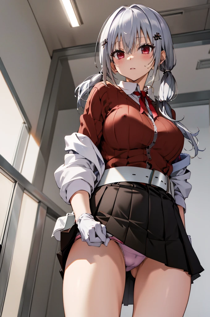 masterpiece, best quality, highres, hmhy1,silver hair, low twintails, hair ornament, huge breasts, red ribbon, collared shirt, sweater, labcoat, open clothes, off shoulder, long sleeves, flower, belt, white gloves, pleated skirt, black pantyhose, cowboy shot, indoor, (((lift skirt,panties))),from below,nsfw