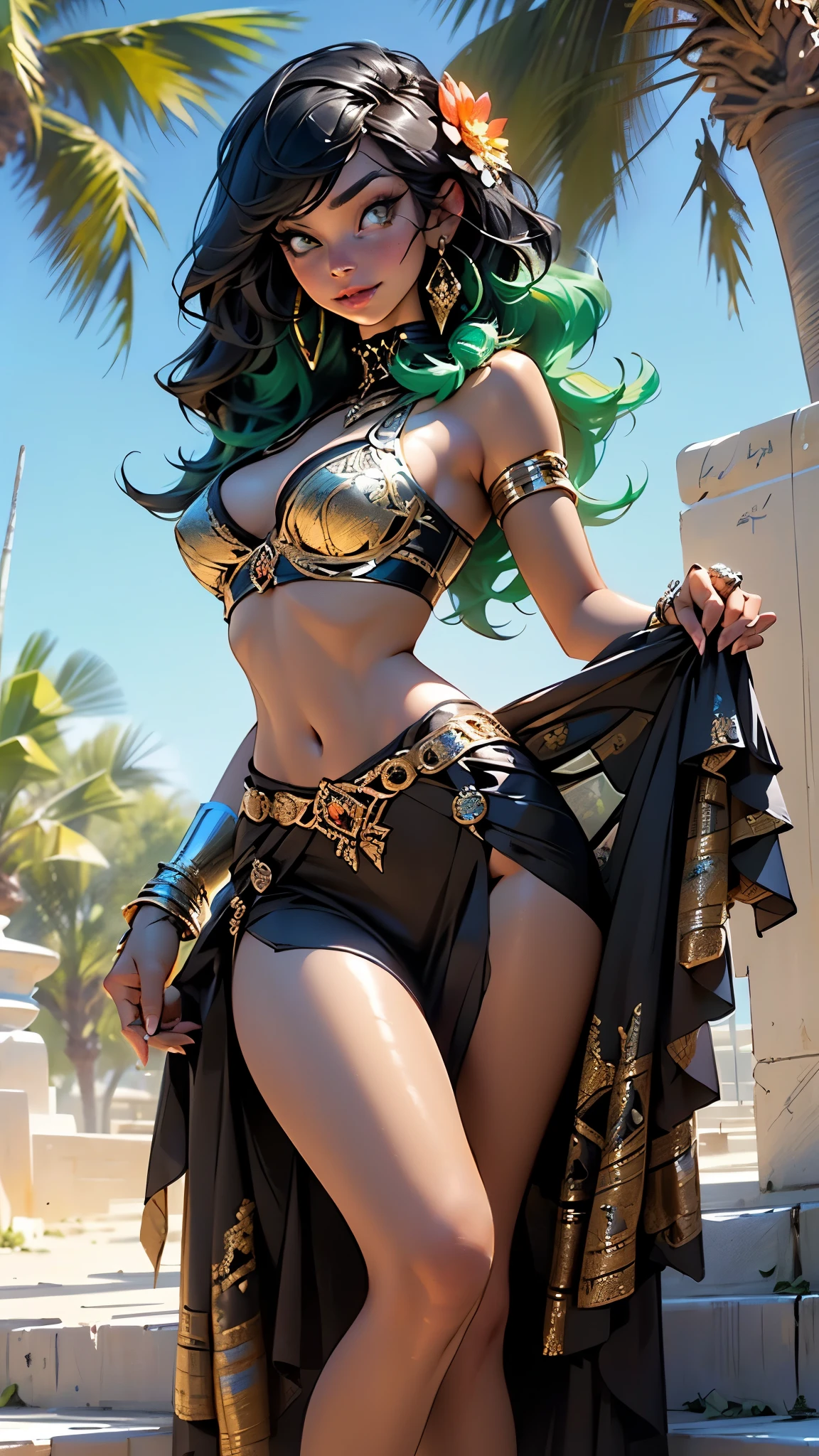 arab girl,(sexy arab),1girl,

big ,(large breasts:1.4),(green hair, large green hair)(((green_eyes:1.3))),intricate eyes,beautiful detailed eyes,symmetrical eyes,((((lustrous skin:1.5,tanned skin,bright skin: 1.5,skin tanned,shiny skin,very shiny skin,shiny body,Reflective skin)))),(spider lower abdomen,narrow waist,wide hip,athletic body,inflated legs,thick thighs,(detailed face)),beautiful detailed lips,((beautiful face)),good anatomy,

cute,slutty,sensual,seductive look,seductive,((erotic)),opulent,sumptuous,((nsfw)),

((Wearing a revealing black fishnet costume)),((gold and black bikini, ornate metal bra, metal lace)), gemstones, jewelry, ((long skirts, pelvic curtain)), marked breasts,(pelvic curtain, pelvic curtains,metal bikini), metal armband, navel, barefoot,((cleavage)),((princess outfit)),(intricate costume)

(flirtatious pose:1.3), looking at viewer,embarrassed,centered,scale to fit dimensions,Rule of thirds,

outdoors,(egyptian desert,egyptian desert background,pyramids in the background),scenery,extremely scenery,clouds,Egypt style,palms,(sunset, golden hour),

(Glossy Egyptian ornaments),highres,sharp focus,(ultra detailed,extremely detailed),(photorealistic artwork:1.37),(extremely detailed CG unity 8k wallpaper),(((vibrant colors,vibrant theme))),(intricate),(masterpiece),(best quality),artistic photography,(photography taken by sldr),(intricate background),perfect rendered face,perfect face details,realistic face,photo realistic,((intricate detail)),(((realism))),
