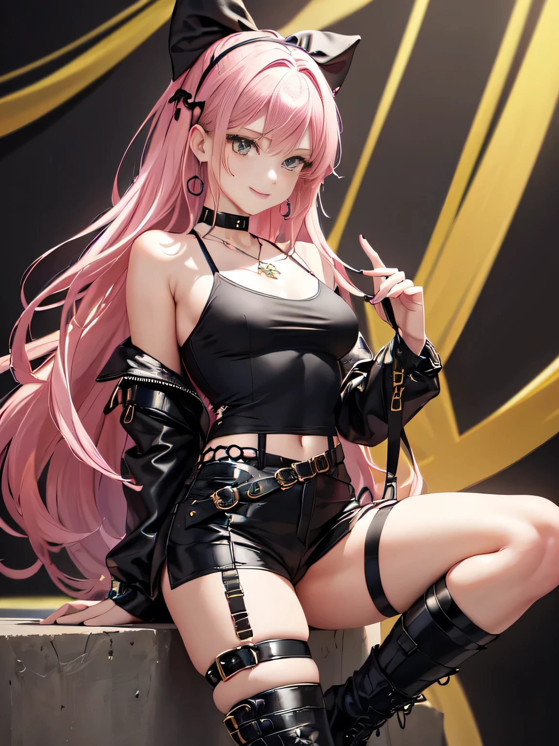 (all intricate details, Zenless Zone Zero style, 1 girl view, Nicole starts): "(Hair: Hair largo y ondulado de color rosa pastel que cae en suaves ondas hasta la cintura. Her hairstyle is adorned with a pair of black bows, one on each side of your head, which gives it a youthful and energetic touch.
face: His expression is lively and playful, with a flirtatious smile and a wink in his left eye, which denotes a happy and mischievous personality. His eyes are a vibrant green, contrasting with her pink hair, and they have a shine that reflects your enthusiasm. Clothing: He wears a short black jacket that exposes his shoulders., over a white cropped t-shirt with a black graphic design. Her outfit is complemented with various metallic details and fashion accessories., like buckles and straps. The short t-shirt highlights your athletic and well-defined figure.
accessories: She wears a necklace with a heart-shaped pendant and yellow earrings that add a touch of color. Besides, He has a small green backpack in the shape of a rabbit., decorated with a peculiar design that includes a red cross in one of the eyes and black and white details. This unique and eye-catching accessory reinforces your distinctive appearance.
Footwear and Underwear: Her outfit includes black shorts with lace details and several straps and buckles that give her a somewhat punk and rebellious style.. She wears tall black boots that complement her bold look..
equipment: in his right hand, holds a large dark metal box, decorated with various symbols and letters, suggesting it may contain important equipment or tools.)"