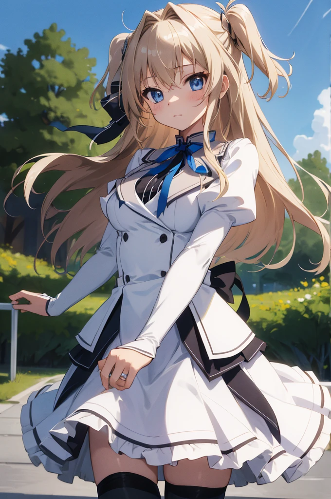 masterpiece, best quality, highres, 1girl, solo, long hair, blonde hair, two side up, (hair ribbon:1.1), blue eyes, neck ribbon, , white jacket, juliet sleeves, long sleeves, white skirt, thigh ribbon, black thighhighs, outdoors, cowboy shot, standing,