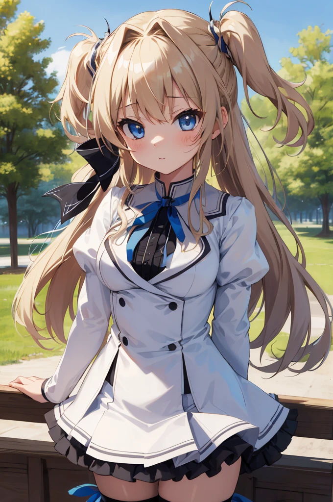 masterpiece, best quality, highres, 1girl, solo, long hair, blonde hair, two side up, (hair ribbon:1.1), blue eyes, neck ribbon, , white jacket, juliet sleeves, long sleeves, white skirt, thigh ribbon, black thighhighs, outdoors, cowboy shot, standing,