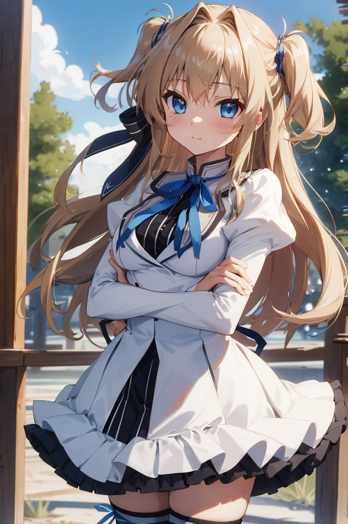 masterpiece, best quality, highres, 1girl, solo, long hair, blonde hair, two side up, (hair ribbon:1.1), blue eyes, neck ribbon, , white jacket, juliet sleeves, long sleeves, white skirt, thigh ribbon, black thighhighs, outdoors, cowboy shot, standing,