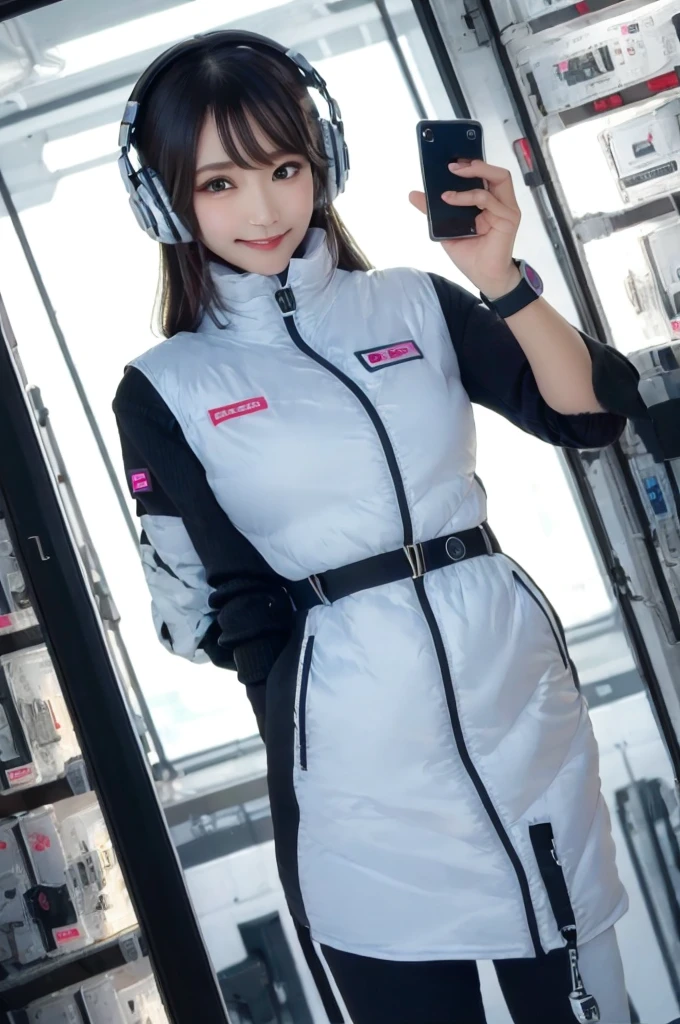 masterpiece, Highest quality, Very detailed, 8K Portrait,Japanese Android Girl,plump , Control panel,Robotic arms and legs, Blunt bangs,,break (Metallic Gray, Metallic luster, Mirror finish, Astro Best):5,headphone:5,break (Black sleeves):100,Smart Watches,Futuristic space station,Control Room,break headphone,blue eyes,(Black Hair):2,(Long Hair):1.3,Viewer Display,(respirator),break blush:3,Hidden Hand,smile