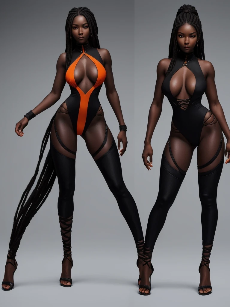 ((best quality)), ((4k)), ((highres)), ((masterpiece:1.2)). ((detailed)), ((ultra realistic)), ((intricate details)), ((full body picture)), ((solo character)), a full body picture of a beautifull Ebony skinned female, black woman, dark skin, ebony princess, ebony model, perfect face, detailed eyes, detailed lips, about 25 years old, about 5'7 ft. tall, long thin black dreadlocks down to her hips, ((emphasis on her long thin black dreadlocks down to her hips)), pretty, feminine woman, toned body but not too muscular looking, hourglass figure, dressed in a skin-tight sleeveless full body orange jumpsuit, ((emphasis on the skin-tight sleeveless full body orange jumpsuit)), gold adornments, showing cleavage, glamorous, strappy lace up high, fighting game character concept art, tekken character design, the king of fighters character concept, full bofy, full body concept art, full body art