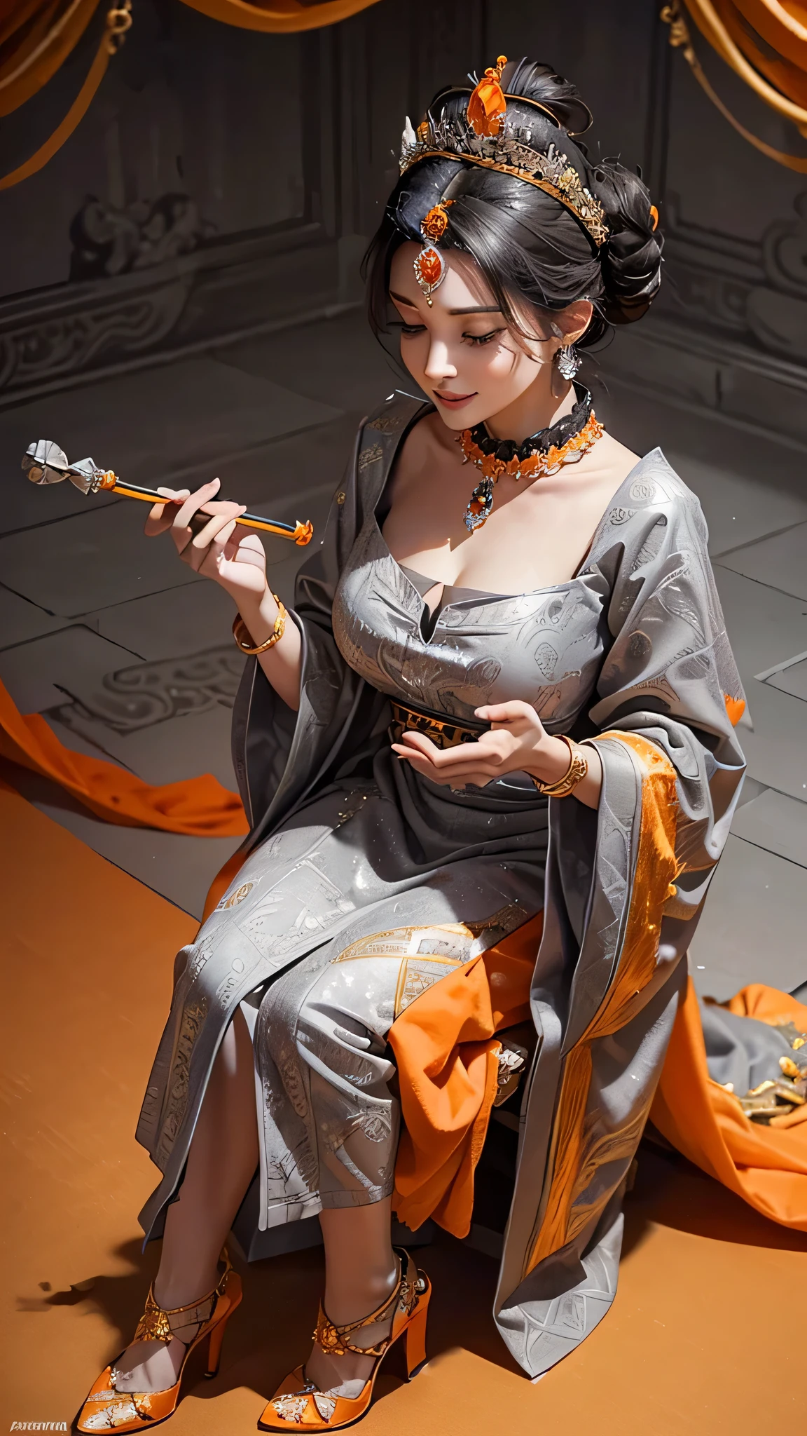 (P.O.V)long shot,beautiful smiling queen,hand holding a ((grey scepter)) decorated with carvings and ((orange jewels)), wearing a necklace decorated with ((orange jewels)),((black hair in a bun)) decorated with ((orange jewels)), wearing a ((grey crown)),((wearing grey long queen clothes with a ((very high and wide turn up collar)) decorated with gold)),((wearing high heels)) decorated with ((orange jewels)),sitting on a royal throne full of carvings,((grey ancient intricate hall palace background)), medium breasts,realistic 4D photography,UHD 32k,bottom view,zoom out view,sharp resolution,ultra detailed.