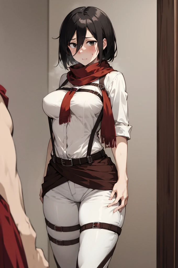 masterpiece, best quality, highres, hmmikasa, short hair, black eyes, scarf, belt, thigh strap, red scarf, white pants, white shirt, standing, cowboy shot,,big breasts,sweating,(trembling:1.2)