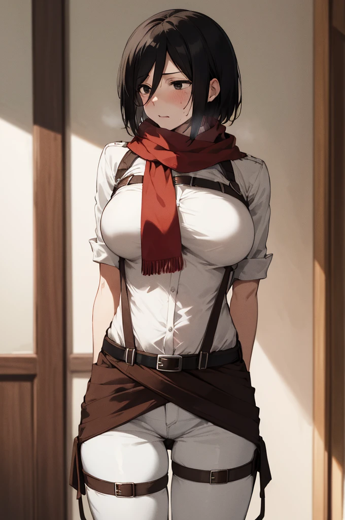 masterpiece, best quality, highres, hmmikasa, short hair, black eyes, scarf, belt, thigh strap, red scarf, white pants, white shirt, standing, cowboy shot,,big breasts,sweating,(trembling:1.2)