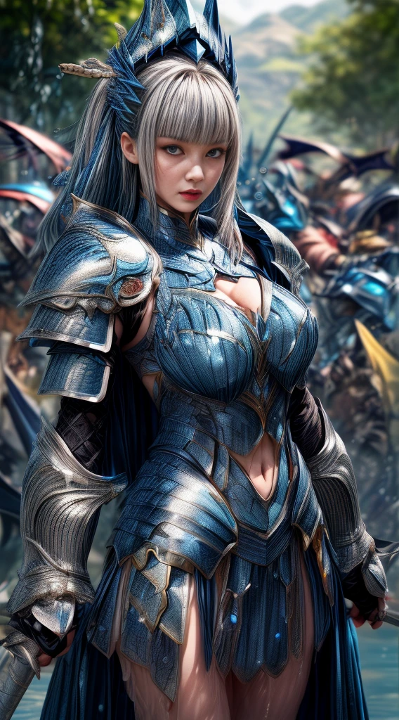 Very beautiful woman、Slender women、(Detailed face)、Realistic Skin、((Water Knight:1.1)), ((Dark blue armor))、((((Dark blue armor with very fine platinum detailing:1.5))))、((Delicate photo)),(Girl Astepeace RAW Photo Details:1.25), (Highest quality:1.6), (Ultra-high resolution:1.5), (Realistic:1.75), 8K resolution, Canon EOS R5, 50mm, Absurd, Super detailed,Cinema Lighting,((Fightfield))、((Fight))、(((White skirt with embellishments)))、Thigh-high socks、Shingard、((Light blue hair))、((Bowl cut hairstyle with bangs))、(Six Pack:1.1)、Cape、Beautiful Armor、(((Has a huge weapon)))、(In combat)、The wind is blowing、((Symmetrical armor))、((((splash:1.1))))、(((Leads a large group of blue knights:1.2)))、banner、(Armor with a dragon motif)、(((Battle Scenes)))、(blue Dragon)、((Browsing Caution:1.1))、(((Use the magic of water:1.2)))