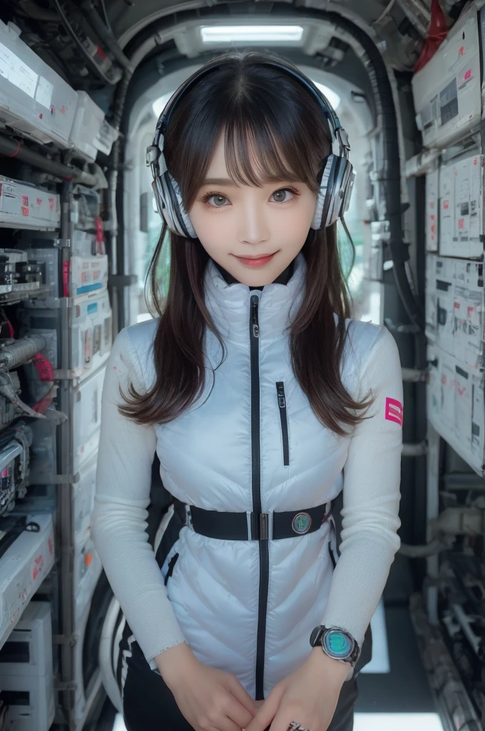 masterpiece, Highest quality, Very detailed, 8K Portrait,Japanese Android Girl,plump , Control panel,Robotic arms and legs, Blunt bangs,,break (Metallic Gray, Metallic luster, Mirror finish, Astro Best):5,headphone:5,break (Black sleeves):100,Smart Watches,Futuristic space station,Control Room,break headphone,blue eyes,(Black Hair):2,(Long Hair):1.3,Viewer Display,(respirator),break blush:3,Hidden Hand,smile