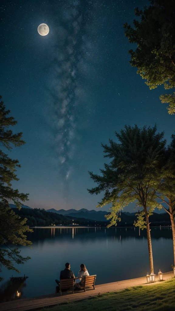 A starry night with the full moon shining over a peaceful lake. People sitting by the lake, a welcoming and relaxing atmosphere.