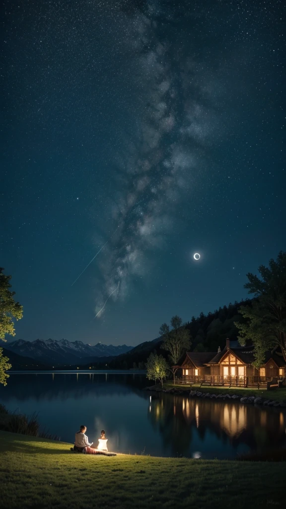 A starry night with the full moon shining over a peaceful lake. People sitting by the lake, a welcoming and relaxing atmosphere.