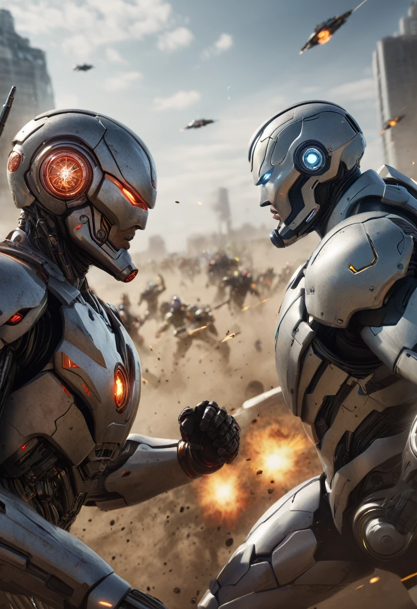 A battle scene between two faction of cyborg