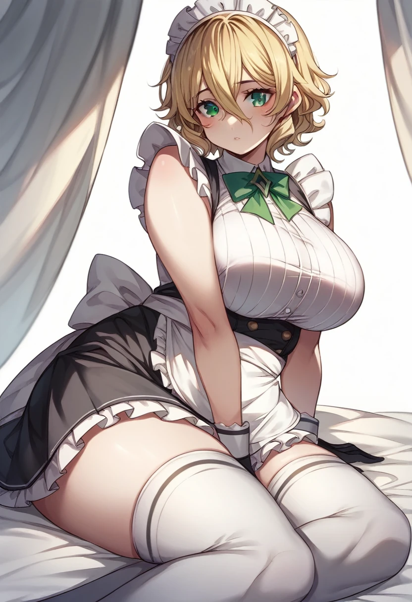 (One girl)、short hair、(flipped hair)+、((Blonde))、(Sato Air)、boyish、(Big super breasts)、Chubby、beautiful girl、green eye、Maid clotheini skirt、White sleeveless、((hairs between eyes))、((thigh-high socks thighhighs))、(long gloves)、say、White Background、medium length hair、