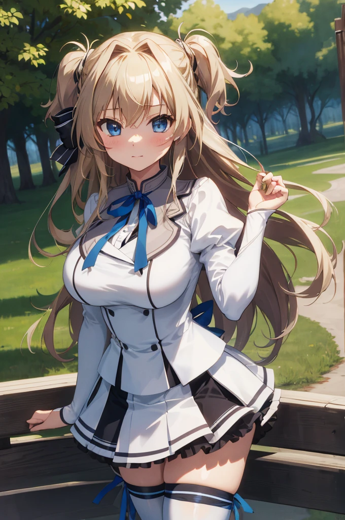 masterpiece, best quality, highres, 1girl, solo, long hair, blonde hair, two side up, (hair ribbon:1.1), blue eyes, neck ribbon, , white jacket, juliet sleeves, long sleeves, white skirt, thigh ribbon, black thighhighs, outdoors, cowboy shot, standing,huge breasts