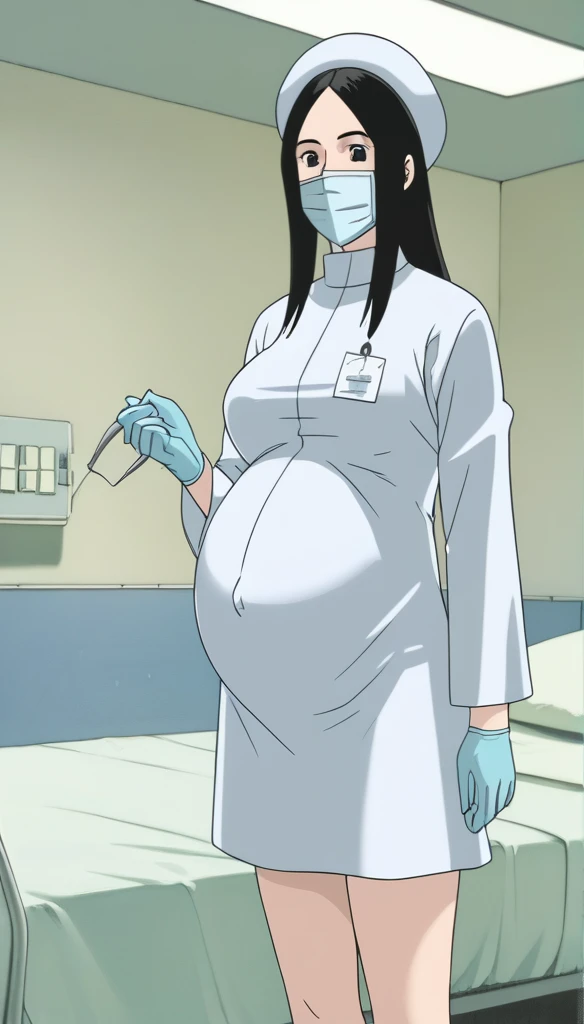score_9, score_8_up, score_7_up, source_anime, raw image, masterpiece, highest quality, kasuganoray, pale skin, her eyes are happy, long black hair, big breasts, scrubs, surgical mask, bouffant cap, long sleeve maternity dress, put on another long sleeved coat, seamless, navel head, the dress isn't wrinkled, long white stockings,
1girl, pregnant, solo, long rubber gloves, looking down, furrowed brow, hospital bed, light shines from the ceiling, standing, patient room background, She is inquiring about the patient's condition
