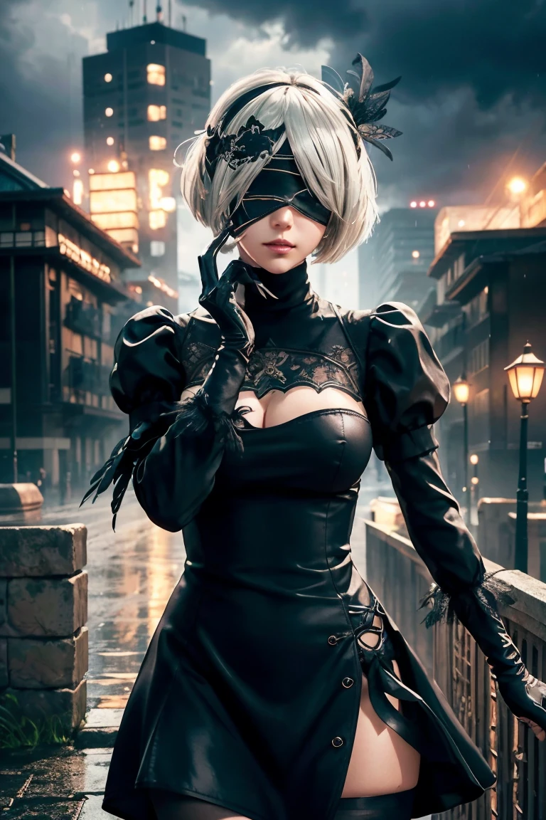 2B Nier Automata,Bobcut, Gray Hair,Long sleeve, Juliet Sleeve, White gloves, turtleneck, bangs, Feather ornament, Feather ornament sleeves, Blindfold, Black Goth Dress,Japanese Ultra HD,super high quality,masterpiece,Digital SLR,Photorealistic,Detailed details,Vivid details,Depicted in detail,A detailed face,Detailed details,Super Detail,Realistic skin texture,Anatomical basis,Perfect Anatomy,Anatomically correct hand,Anatomically correct fingers,Complex 3D rendering,Sexy pose,Rainy Sky,Beautiful scenery,Fantastic rainy sky,Fantasy worldview,Picturesque,Pink Lips,