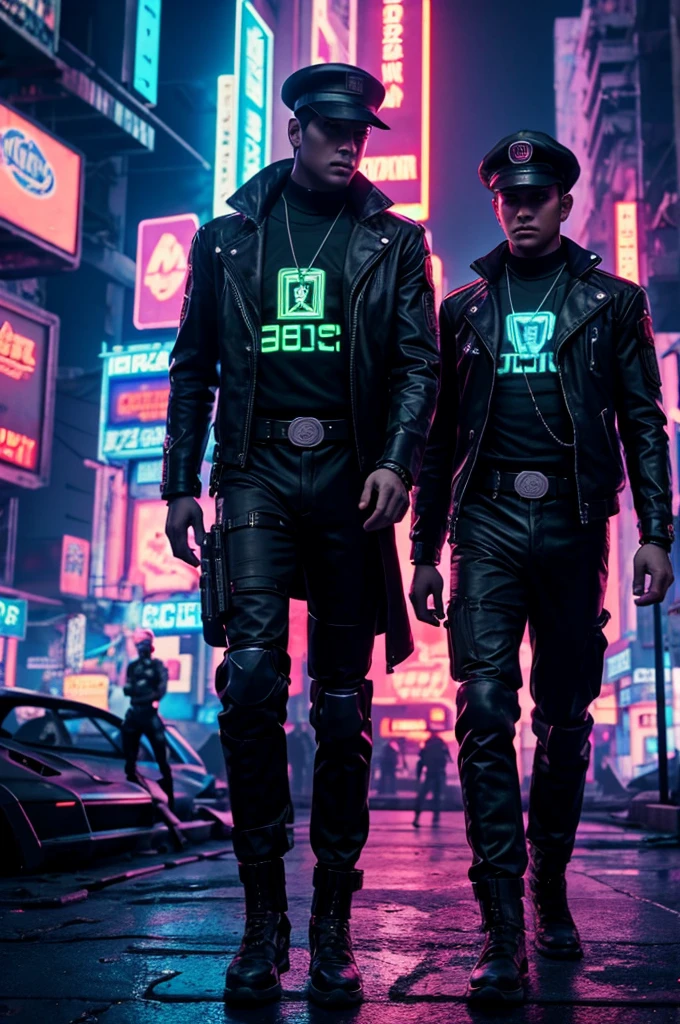 Best Quality, high resolution, 2 boys with an army of androids, one of them with a bosal and the other with a hat, a background of destroyed city with toxic environment, cyberpunk world, neon lights of synthwave and cyberpunk