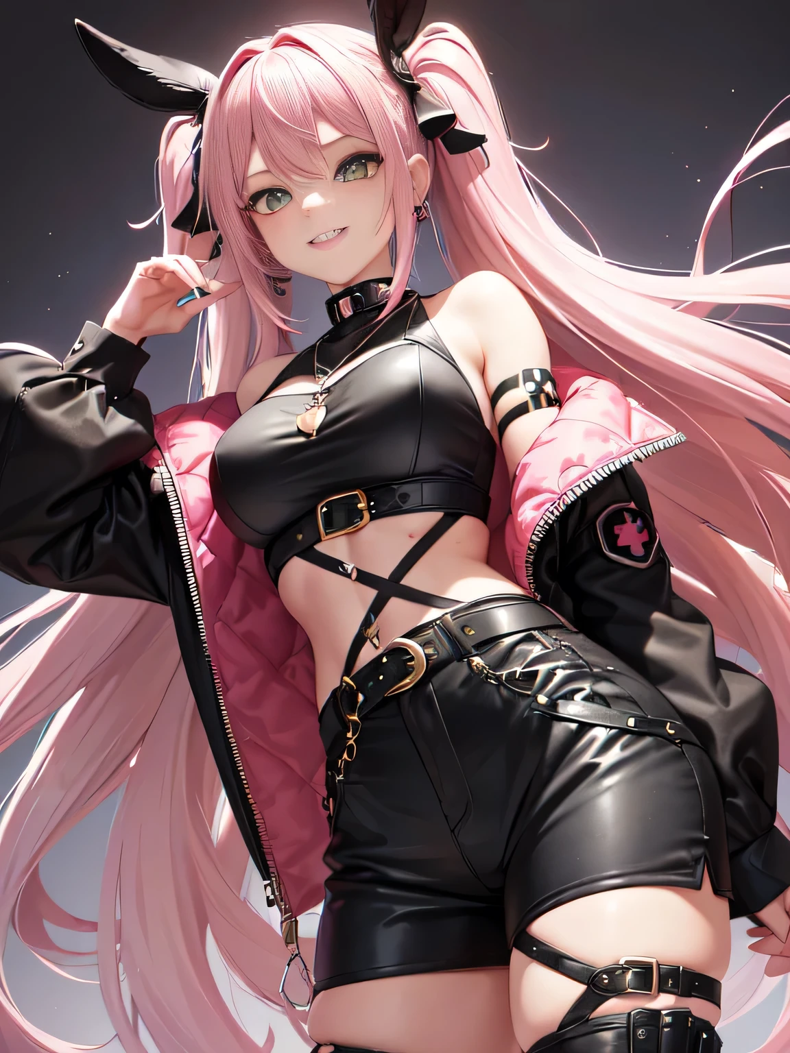 "(Hair: Long, wavy pastel pink hair that falls in soft waves to her waist. Her hairstyle is adorned with a pair of black bows, one on each side of her head, giving her a youthful and energetic touch. Face: Her expression is lively and playful, with a flirtatious smile and a wink in her left eye, denoting a happy and mischievous personality. Her eyes are a vibrant green, contrasting with her pink hair, and have a reflective shine. his enthusiasm Clothing: He wears a short black jacket that exposes his shoulders, over a white cropped t-shirt with a black graphic design. His outfit is complemented by various metallic details and fashion accessories, such as buckles and straps. highlights her athletic and well-defined figure. Accessories: She wears a necklace with a heart-shaped pendant and yellow earrings that add a touch of color. In addition, she has a small green backpack in the shape of a rabbit, decorated with a peculiar design. which includes a red cross in one of the eyes and black and white details. This unique and eye-catching accessory reinforces your distinctive appearance. Footwear and Underwear: Her outfit includes black shorts with lace details and various straps and buckles that give her a somewhat punk and rebellious style. She is wearing tall black boots that complement her bold look. Equipment: In his right hand, he holds a large dark-colored metal box, adorned with various symbols and letters, suggesting that it may contain important equipment or tools.)"
