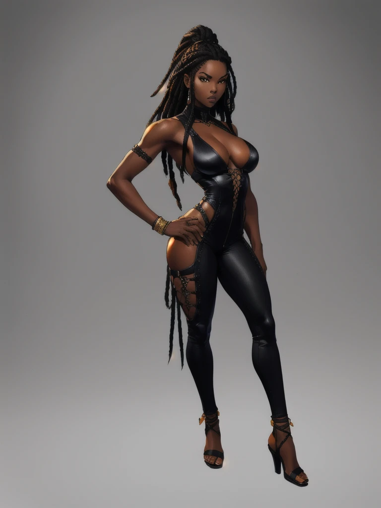 ((best quality)), ((4k)), ((highres)), ((masterpiece:1.2)). ((detailed)), ((ultra realistic)), ((intricate details)), ((full body picture)), ((solo character)), a full body picture of a beautifull Ebony skinned female, black woman, dark skin, ebony princess, ebony model, perfect face, detailed eyes, detailed lips, about 25 years old, about 5'7 ft. tall, long thin black dreadlocks down to her hips, ((emphasis on her long thin black dreadlocks down to her hips)), pretty, feminine woman, toned body but not too muscular looking, hourglass figure, dressed in a skin-tight sleeveless full body orange jumpsuit, ((emphasis on the skin-tight sleeveless full body orange jumpsuit)), gold adornments, showing cleavage, glamorous, strappy lace up high, fighting game character concept art, tekken character design, the king of fighters character concept, full bofy, full body concept art, full body art