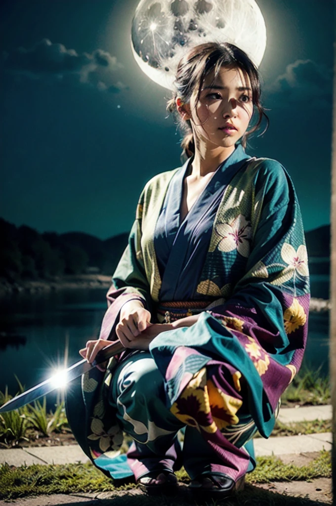 (Realistic:1.3), In detail, quality, Rembrandt Lighting, (masterpiece:1.2), (photoRealistic:1.2), (best quality), (Detailed skin:1.3), (Intricate details), dramatic, Ray Tracing, One girl, Japanese Girls, 21 years old, Detailed skin texture, (blush:0.5), (It gives me goosebumps:0.5), Scattered beneath the surface, stare, anger, Serious expression, Medium chest, Updo, bangs, Hair between the eyes, kimono, kimono, Floral print, Half-squat, Action pose, (Sword Drawing Technique:1.1), (night, night sky, Wide々Grassland, full moon),  